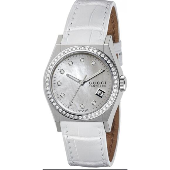 Gucci Watch 115 Pantheon White Leather Strap Gucci YA115410 Diamond